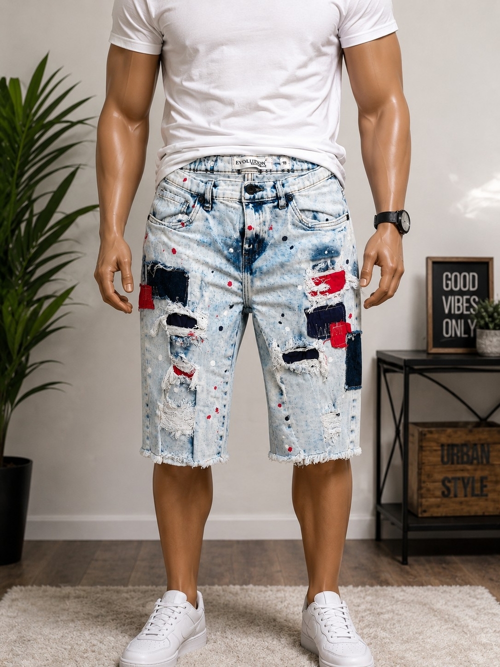 Evolution Distressed Denim Shorts | Men's Size M | Paint Splatter Patchwork